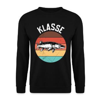 Angler Geburtstag KLASSE HECHT Lustiges Angeln - Unisex Pullover - Schwarz - Vorne - Alina (178cm) & Michal (187cm)