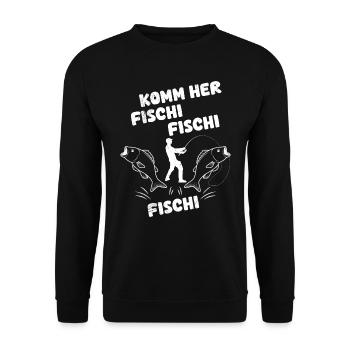 Angler KOMM HER FISCHI FISCHI FISCHI Lustiges - Unisex Pullover - Schwarz - Vorne - Alina (178cm) & Michal (187cm)