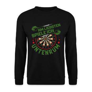 Dart Spieler AM LIEBSTEN SPIELE ICH UNTENRUM - Unisex Pullover - Schwarz - Vorne - Alina (178cm) & Michal (187cm)
