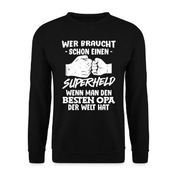 Opi WER BRAUCHT SCHON SUPERHELDEN HABE DEN BESTEN - Unisex Pullover - Schwarz - Vorne - Alina (178cm) & Michal (187cm)