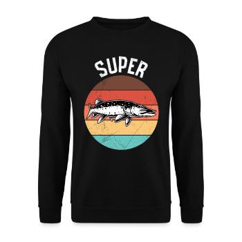 Hecht Angler Outfit SUPER HECHT Lustiges Angeln - Unisex Pullover - Schwarz - Vorne - Alina (178cm) & Michal (187cm)
