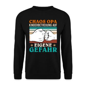 Opi CHAOS OPA KINDERBETREUUNG AUF EIGENE GEFAHR - Unisex Pullover - Schwarz - Vorne - Alina (178cm) & Michal (187cm)