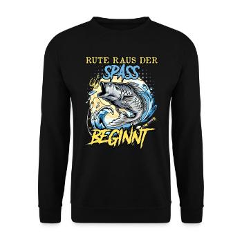 Angler RUTE RAUS DER SPASS BEGINNT Lustiges - Unisex Pullover - Schwarz - Vorne - Alina (178cm) & Michal (187cm)