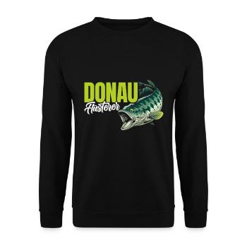DONAU FLÜSTERER Angler Outfit Angeln Hobby - Unisex Pullover - Schwarz - Vorne - Alina (178cm) & Michal (187cm)