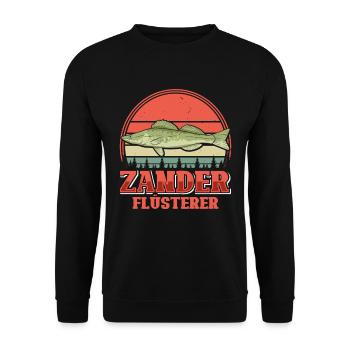 ZANDER FLÜSTERER Angler Outfit Angeln Hobby - Unisex Pullover - Schwarz - Vorne - Alina (178cm) & Michal (187cm)
