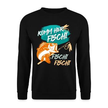 Angler KOMM HER FISCHI FISCHI FISCHI Lustiges - Unisex Pullover - Schwarz - Vorne - Alina (178cm) & Michal (187cm)