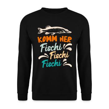 Angler KOMM HER FISCHI FISCHI FISCHI Lustiges - Unisex Pullover - Schwarz - Vorne - Alina (178cm) & Michal (187cm)