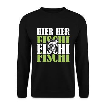 Angler HIER HER FISCHI FISCHI FISCHI Lustiges - Unisex Pullover - Schwarz - Vorne - Alina (178cm) & Michal (187cm)