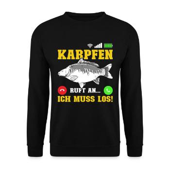 Angler KARPFEN RUFT AN MUSS LOS! Lustiges Karpfen - Unisex Pullover - Schwarz - Vorne - Alina (178cm) & Michal (187cm)