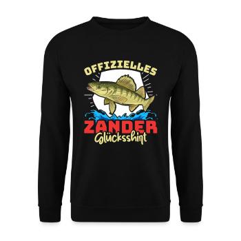Zander Angeln OFFIZIELLES ZANDER GLÜCKSSHIRT - Unisex Pullover - Schwarz - Vorne - Alina (178cm) & Michal (187cm)