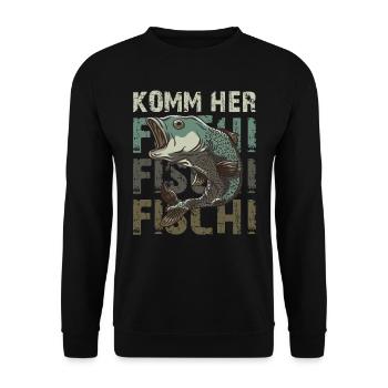 Angler KOMM HER FISCHI FISCHI FISCHI Lustiges - Unisex Pullover - Schwarz - Vorne - Alina (178cm) & Michal (187cm)