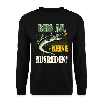 Angler BEISS AN KEINE AUSREDEN! Lustiges Hecht - Unisex Pullover - Schwarz - Vorne - Alina (178cm) & Michal (187cm)