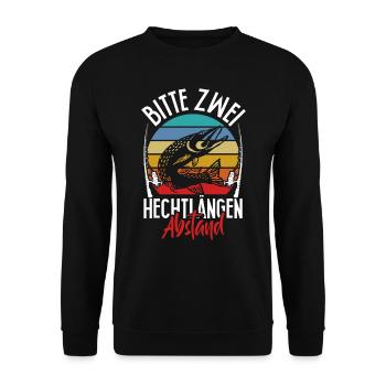 Angler Outfit BITTE ZWEI HECHTLÄNGEN ABSTAND - Unisex Pullover - Schwarz - Vorne - Alina (178cm) & Michal (187cm)