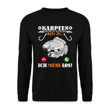 KARPFEN RUFT AN ICH MUSS LOS Lustiges Angler - Unisex Pullover - Schwarz - Vorne - Alina (178cm) & Michal (187cm)