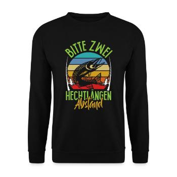 Angler Outfit BITTE ZWEI HECHTLÄNGEN ABSTAND - Unisex Pullover - Schwarz - Vorne - Alina (178cm) & Michal (187cm)