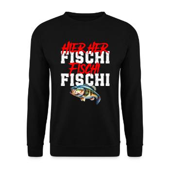 Angler HIER HER FISCHI FISCHI FISCHI Lustiges - Unisex Pullover - Schwarz - Vorne - Alina (178cm) & Michal (187cm)