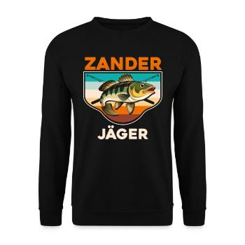ZANDER JÄGER Lustiges Angler Outfit Angeln - Unisex Pullover - Schwarz - Vorne - Alina (178cm) & Michal (187cm)