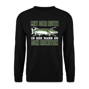 Hecht Angler MIT DER RUTE IN DER HAND ZU DEN - Unisex Pullover - Schwarz - Vorne - Alina (178cm) & Michal (187cm)
