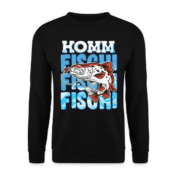Angeln KOMM FISCHI FISCHI FISCHI Lustiges Angler - Unisex Pullover - Schwarz - Vorne - Alina (178cm) & Michal (187cm)