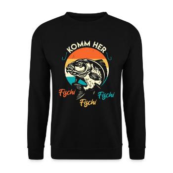 Angler KOMM HER FISCHI FISCHI FISCHI Lustiges - Unisex Pullover - Schwarz - Vorne - Alina (178cm) & Michal (187cm)
