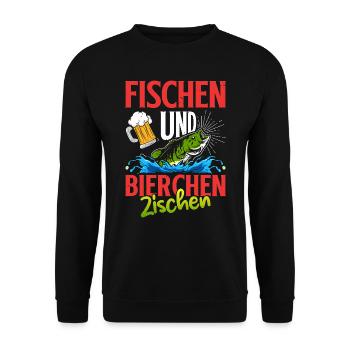 FISCHEN UND BIERCHEN ZISCHEN Lustiges Angler - Unisex Pullover - Schwarz - Vorne - Alina (178cm) & Michal (187cm)