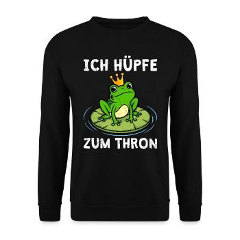Karneval Frosch ICH HÜPFE ZUM THRON Lustiges - Unisex Pullover - Schwarz - Vorne - Alina (178cm) & Michal (187cm)
