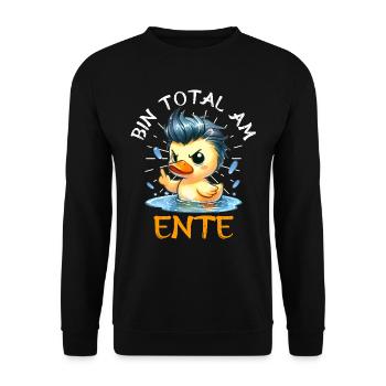 Karneval Ente BIN TOTAL AM ENTE Lustiges - Unisex Pullover - Schwarz - Vorne - Alina (178cm) & Michal (187cm)