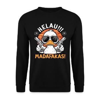 Karneval Ente HELAU! MADAFAKAS! Lustiges Kölner - Unisex Pullover - Schwarz - Vorne - Alina (178cm) & Michal (187cm)