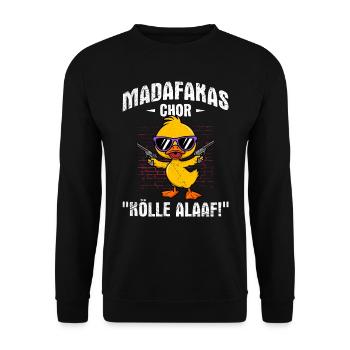 Entenkostüm MADAFAKAS CHOR KÖLLE ALAAF! Lustiges - Unisex Pullover - Schwarz - Vorne - Alina (178cm) & Michal (187cm)
