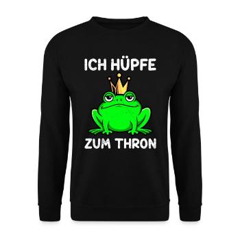 Karneval Frosch ICH HÜPFE ZUM THRON Lustiges - Unisex Pullover - Schwarz - Vorne - Alina (178cm) & Michal (187cm)