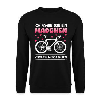 Radfahrerin FAHRE WIE EIN MÄDCHEN Lustiges - Unisex Pullover - Schwarz - Vorne - Alina (178cm) & Michal (187cm)
