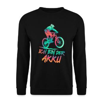 Radfahrer ICH BIN DER AKKU Radeln Lustiges - Unisex Pullover - Schwarz - Vorne - Alina (178cm) & Michal (187cm)