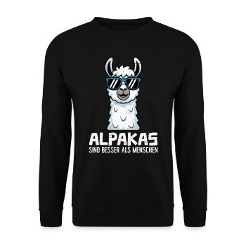 Alpaka Fan ALPAKAS SIND BESSER ALS MENSCHEN LusAlp - Unisex Pullover - Schwarz - Vorne - Alina (178cm) & Michal (187cm)