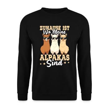 Alpaka Fan ZUHAUSE IST WO MEINE ALPAKAS SIND - Unisex Pullover - Schwarz - Vorne - Alina (178cm) & Michal (187cm)
