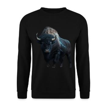Bison schwarz Büffel mit Blitzen und Donner stark - Unisex Pullover - Schwarz - Vorne - Alina (178cm) & Michal (187cm)