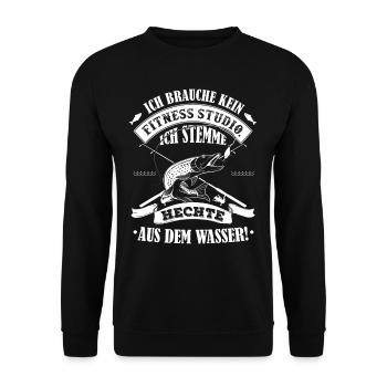 Angeln - Ich brauche kein Fitnessstudio - Unisex Pullover - Schwarz - Vorne - Alina (178cm) & Michal (187cm)