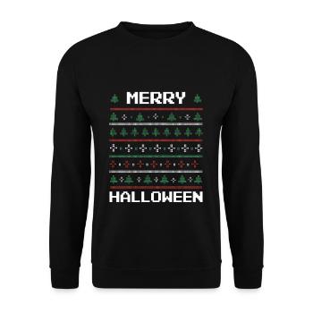 Merry Halloween Ugly Christmas Shirt - Unisex Pullover - Schwarz - Vorne - Alina (178cm) & Michal (187cm)