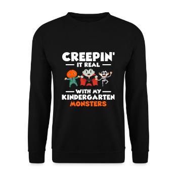 Creepin It Real With My Kindergarten Monsters - Unisex Pullover - Schwarz - Vorne - Alina (178cm) & Michal (187cm)