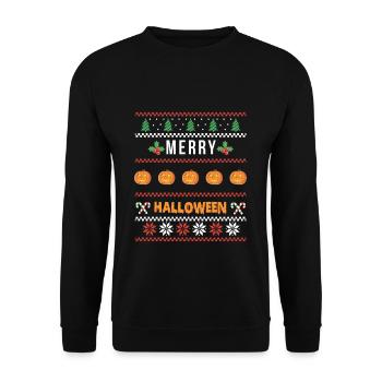Merry Halloween Ugly Christmas Shirt - Unisex Pullover - Schwarz - Vorne - Alina (178cm) & Michal (187cm)