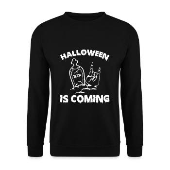 Halloween Is Coming Grabstein Geschenk Shirt - Unisex Pullover - Schwarz - Vorne - Alina (178cm) & Michal (187cm)