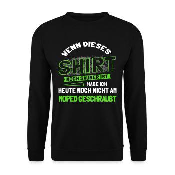 Moped Spruch, Lustiges Mopedfahrer Werkstatt Tuner - Unisex Pullover - Schwarz - Vorne - Alina (178cm) & Michal (187cm)