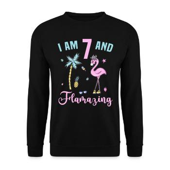 I am 7 and Flamazing, Flamingo 7 years birthday - Unisex Sweatshirt - black - Front - Alina (178cm) & Michal (187cm)