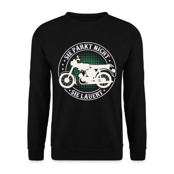 Simson, Simmi S51, Moped Geschenkidee Ossi 50ccm - Unisex Pullover - Schwarz - Vorne - Alina (178cm) & Michal (187cm)