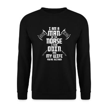 Wikinger Viking Spruch, Wikingeraxt, Valhalla - Unisex Pullover - Schwarz - Vorne - Alina (178cm) & Michal (187cm)