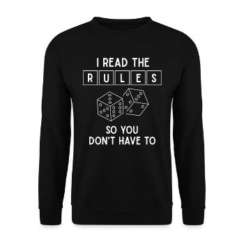 Brettspieler Spruch, Ich lese die Regeln - Unisex Pullover - Schwarz - Vorne - Alina (178cm) & Michal (187cm)