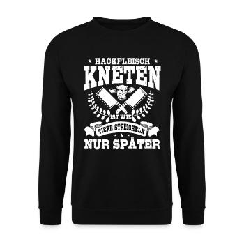 Fleischer Metzger Geschenk, BBQ, Hackfleisch - Unisex Pullover - Schwarz - Vorne - Alina (178cm) & Michal (187cm)