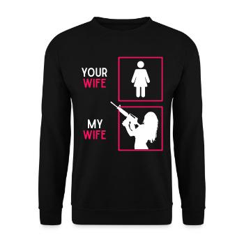 Waffenliebhaber, Waffenbesitzer Zitat, Frau Waffen - Unisex Pullover - Schwarz - Vorne - Alina (178cm) & Michal (187cm)