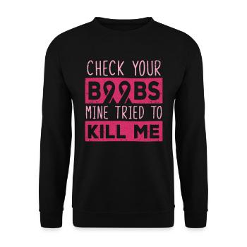 Brustkrebsbewusstsein Überprüfen Sie Ob Sie Brüste - Unisex Pullover - Schwarz - Vorne - Alina (178cm) & Michal (187cm)