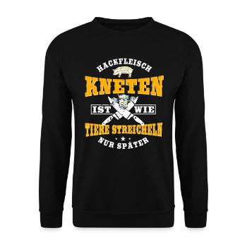 Hackfleisch kneten ist wie Tiere streicheln - Unisex Pullover - Schwarz - Vorne - Alina (178cm) & Michal (187cm)