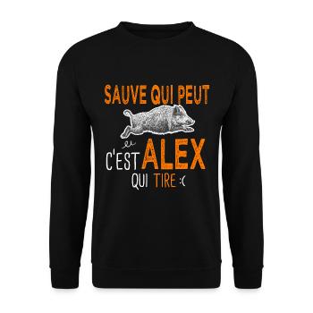 c'est Alex qui tire Cadeau Humour Chasse Chasseur - Sweat-shirt Unisexe - noir - Devant - Alina (178cm) & Michal (187cm)